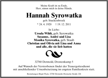 Anzeige  Hannah Syrowatka  Lippische Landes-Zeitung
