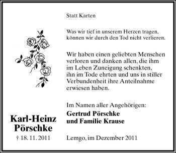 Anzeige  Karl-Heinz Pörschke  Lippische Landes-Zeitung