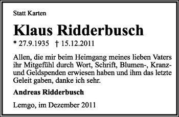 Anzeige  Klaus Ridderbusch  Lippische Landes-Zeitung