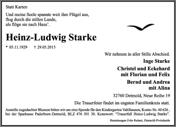 Anzeige  Heinz-Ludwig Starke  Lippische Landes-Zeitung