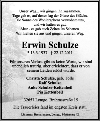 Anzeige  Erwin Schulze  Lippische Landes-Zeitung