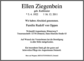 Anzeige  Ellen Ziegenbein  Lippische Landes-Zeitung