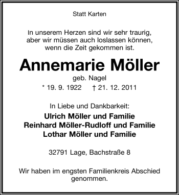Anzeige  Annemarie Möller  Lippische Landes-Zeitung