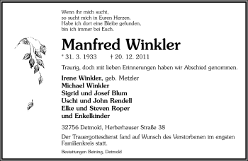 Anzeige  Manfred Winkler  Lippische Landes-Zeitung