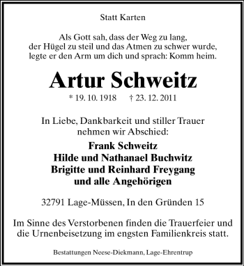 Anzeige  Artur Schweitz  Lippische Landes-Zeitung