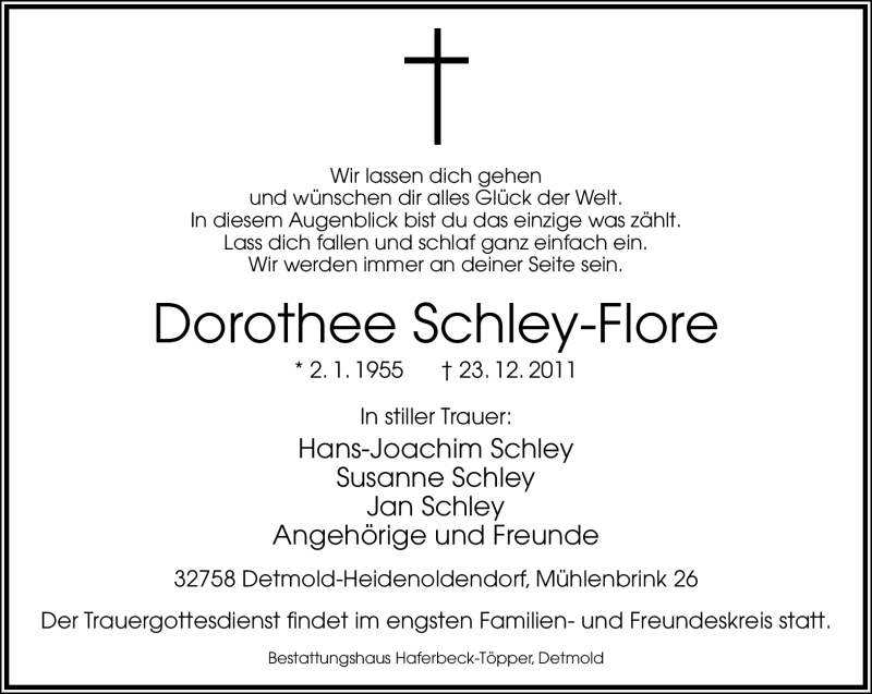  Traueranzeige für Dorothee Schley-Flore vom 27.12.2011 aus Lippische Landes-Zeitung
