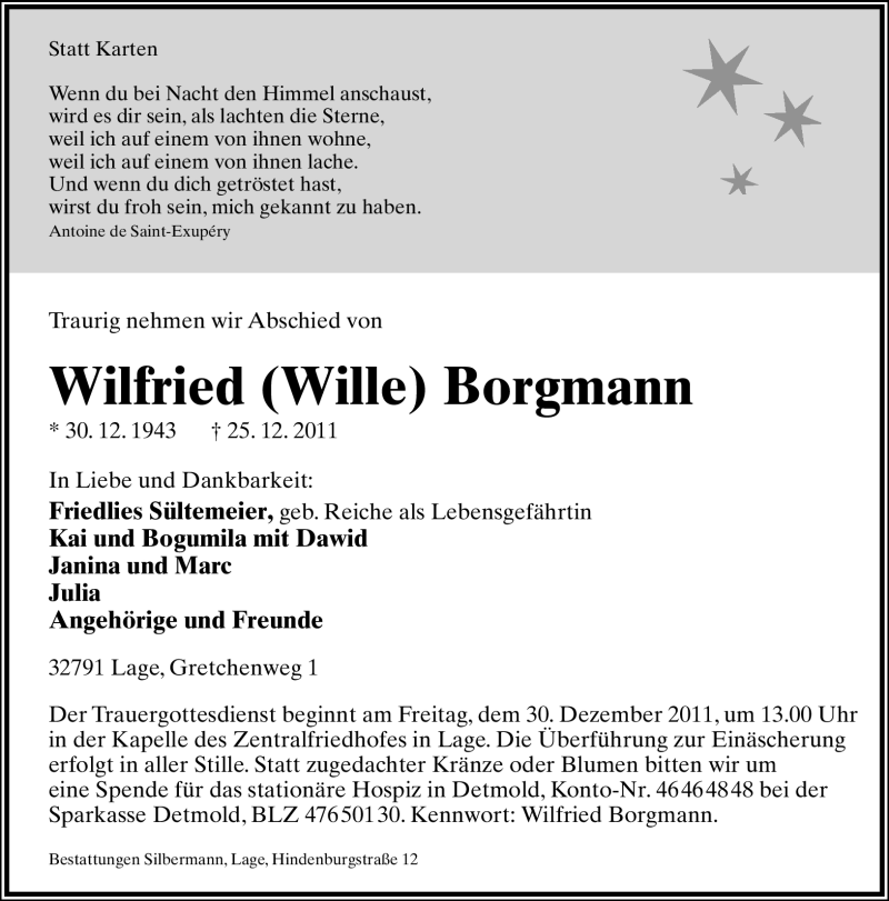  Traueranzeige für Wilfried Borgmann vom 27.12.2011 aus Lippische Landes-Zeitung
