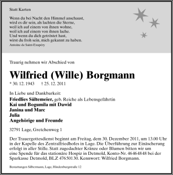Anzeige  Wilfried Borgmann  Lippische Landes-Zeitung
