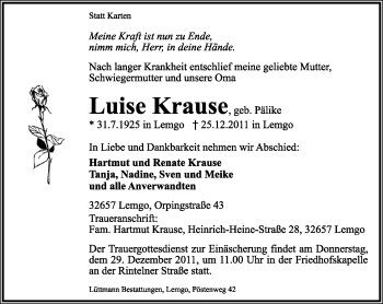 Anzeige  Luise Krause  Lippische Landes-Zeitung