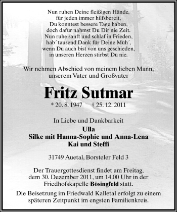 Anzeige  Fritz Sutmar  Lippische Landes-Zeitung