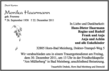 Anzeige  Monika Hartmann  Lippische Landes-Zeitung