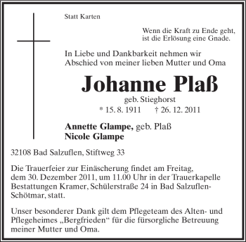 Anzeige  Johanne Plaß  Lippische Landes-Zeitung