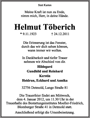 Anzeige  Hemut Töberich  Lippische Landes-Zeitung