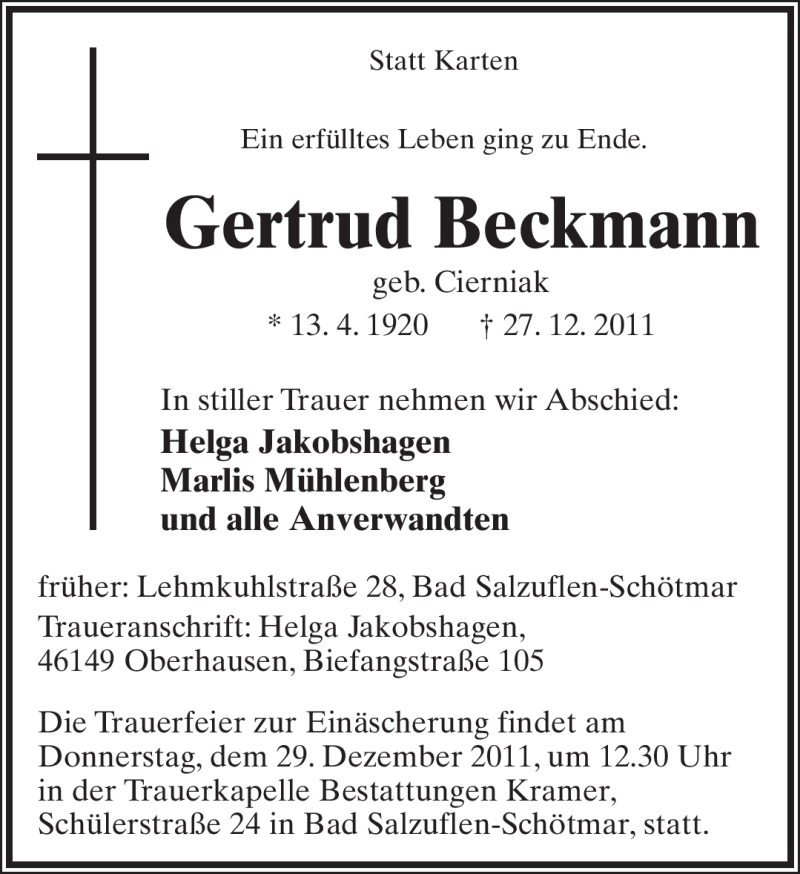 Traueranzeige für Gertrud Beckmann vom 28.12.2011 aus Lippische Landes-Zeitung