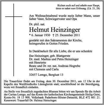 Anzeige  Helmut Heinzinger  Lippische Landes-Zeitung