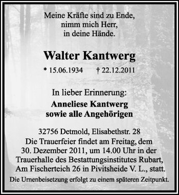 Anzeige  Walter Kantwerg  Lippische Landes-Zeitung