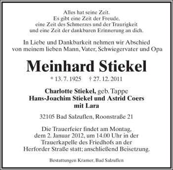 Anzeige  Meinhard Stiekel  Lippische Landes-Zeitung