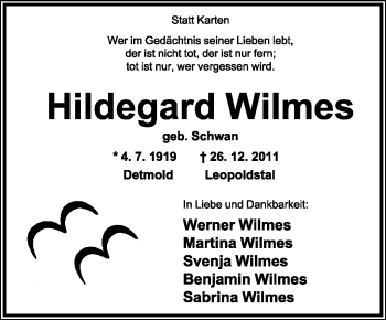 Anzeige  Hildegard Wilmes  Lippische Landes-Zeitung