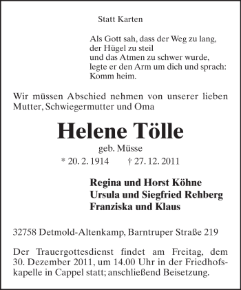 Anzeige  Helene Tölle  Lippische Landes-Zeitung