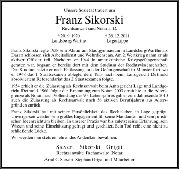 Anzeige  Franz Sikorski  Lippische Landes-Zeitung