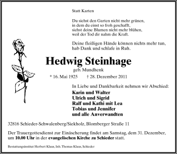 Anzeige  Hedwig Steinhage  Lippische Landes-Zeitung
