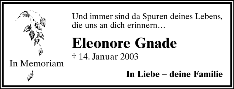  Traueranzeige für Eleonore Gnade vom 14.01.2012 aus Lippische Landes-Zeitung