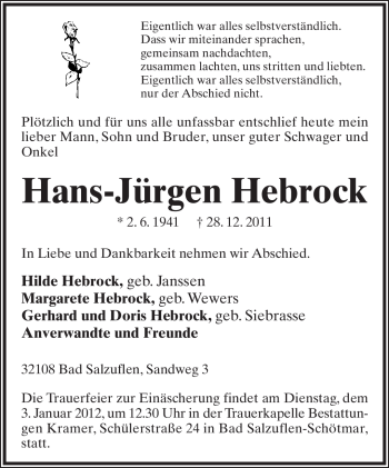 Anzeige  Hans-Jürgen Hebrock  Lippische Landes-Zeitung