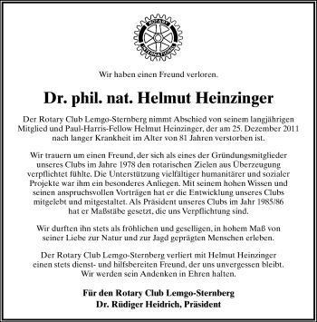 Anzeige  Helmut Heinzinger  Lippische Landes-Zeitung
