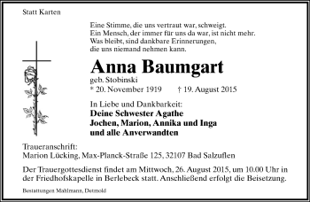 Anzeige  Anna Baumgart  Lippische Landes-Zeitung