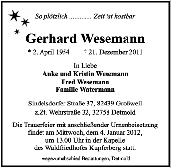 Anzeige  Gerhard Wesemann  Lippische Landes-Zeitung