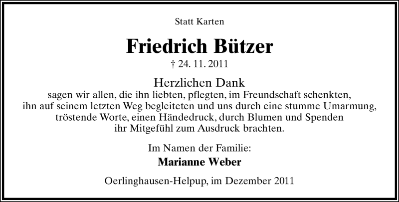  Traueranzeige für Friedrich Bützer vom 31.12.2011 aus Lippische Landes-Zeitung