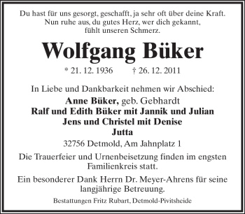 Anzeige  Wolfgang Büker  Lippische Landes-Zeitung
