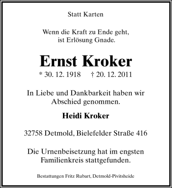 Anzeige  Ernst Kroker  Lippische Landes-Zeitung