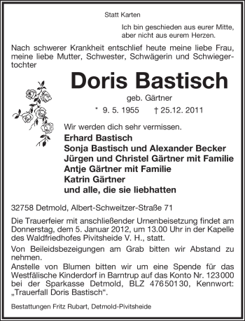 Anzeige  Doris Bastisch  Lippische Landes-Zeitung