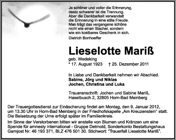 Anzeige  Lieselotte Mariß  Lippische Landes-Zeitung