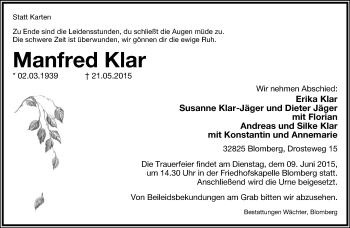 Anzeige  Manfred Klar  Lippische Landes-Zeitung
