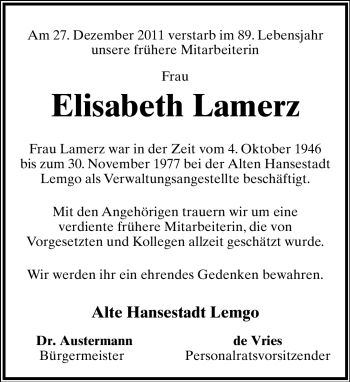 Anzeige  Elisabeth Lamerz  Lippische Landes-Zeitung
