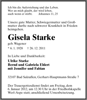 Anzeige  Gisela Starke  Lippische Landes-Zeitung