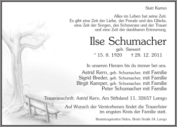 Anzeige  Ilse Schumacher  Lippische Landes-Zeitung