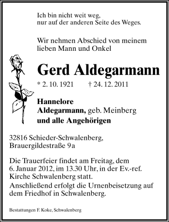 Anzeige  Gerd Aldegarmann  Lippische Landes-Zeitung