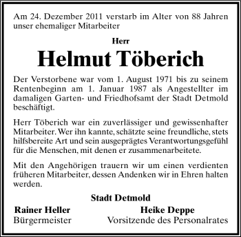 Anzeige  Helmut Töberich  Lippische Landes-Zeitung