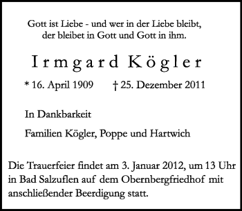 Anzeige  Irmgard Kögler  Lippische Landes-Zeitung