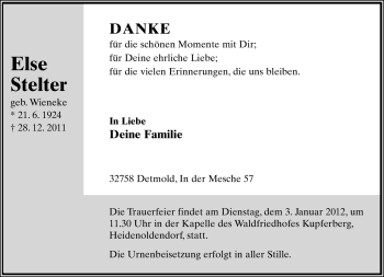 Anzeige  Else Stelter  Lippische Landes-Zeitung