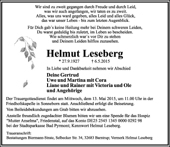 Anzeige  Helmut Leseberg  Lippische Landes-Zeitung
