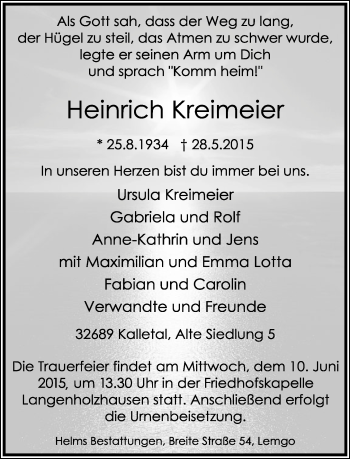 Anzeige  Heinrich Kreimeier  Lippische Landes-Zeitung