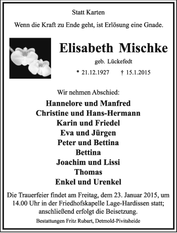 Anzeige  Elisabeth Mischke  Lippische Landes-Zeitung