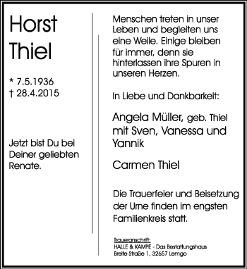 Anzeige  Horst Thiel  Lippische Landes-Zeitung