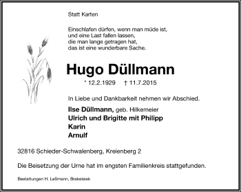 Anzeige  Hugo Düllmann  Lippische Landes-Zeitung