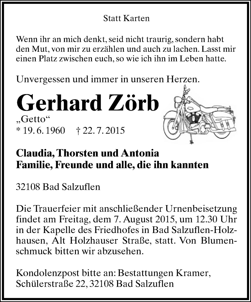 Traueranzeige für Gerhard Zörb vom 01.08.2015 aus Lippische Landes-Zeitung