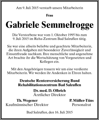 Anzeige  Gabriele Semmelroge  Lippische Landes-Zeitung